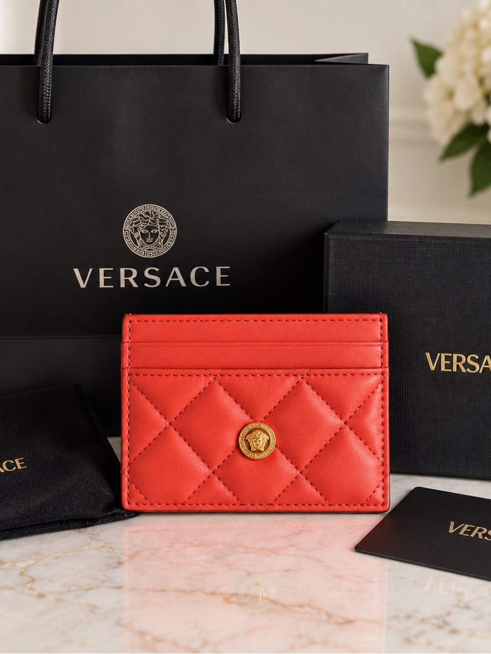 Versace Icon Quilted Lamb Leather Card Case Coral Medusa